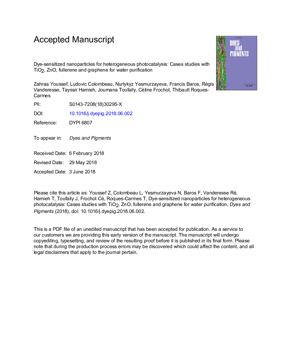 Dye-sensitized nanoparticles for heterogeneous photocatalysis: Cases studies with TiO2, ZnO, fullerene and graphene for water purification