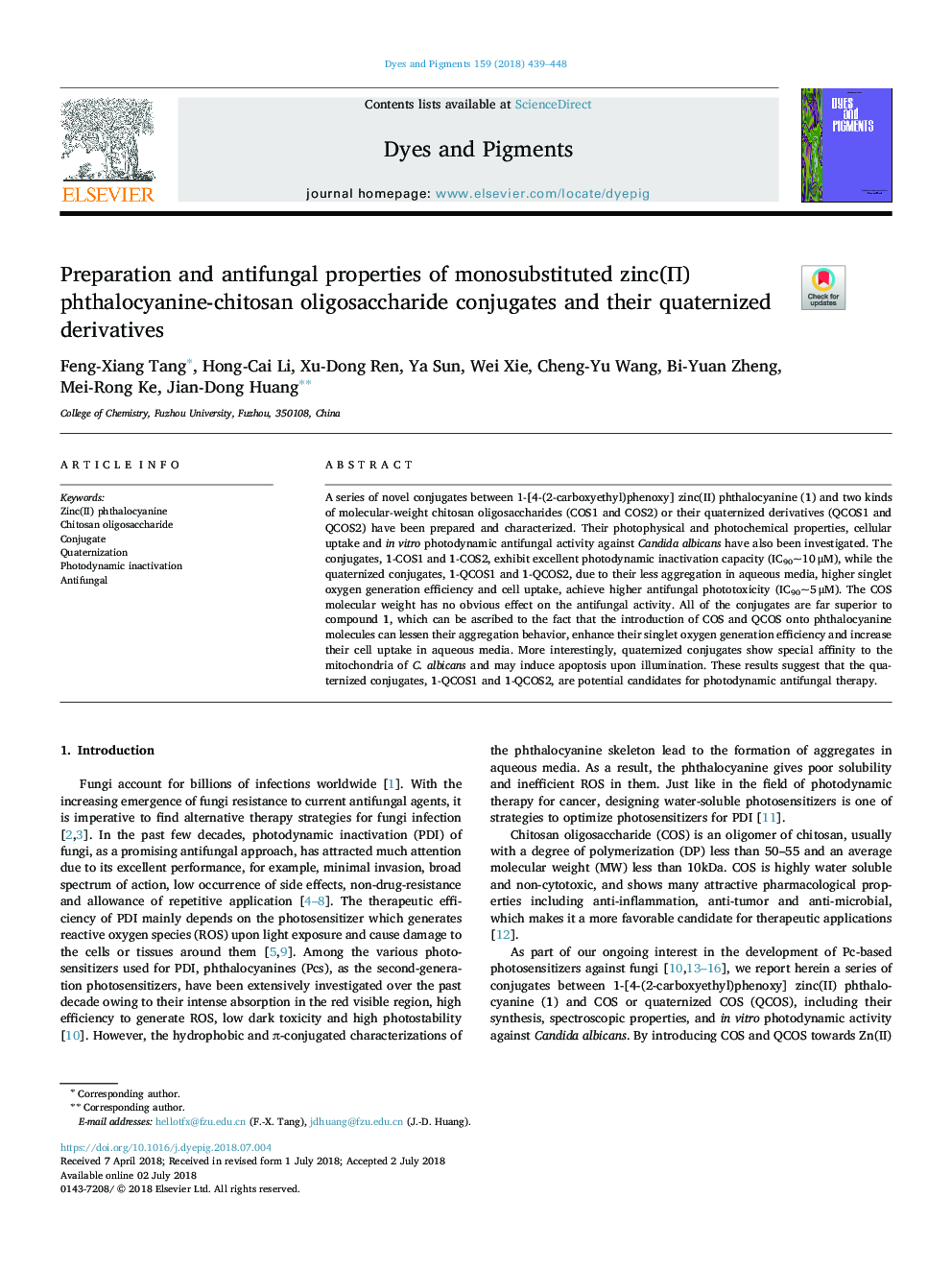 Preparation and antifungal properties of monosubstituted zinc(Ð) phthalocyanine-chitosan oligosaccharide conjugates and their quaternized derivatives