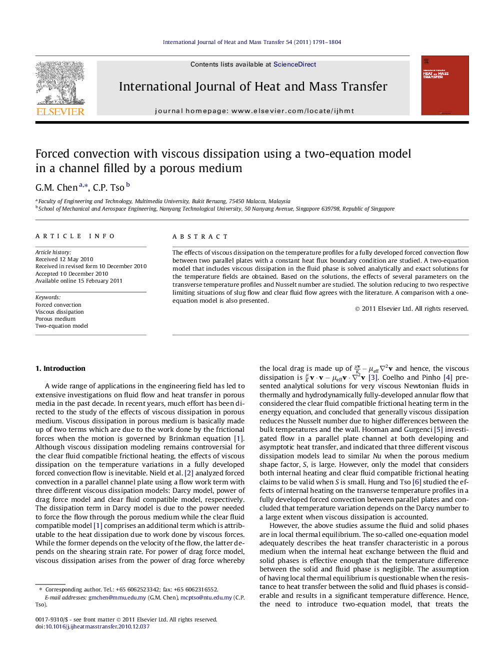 Forced convection with viscous dissipation using a two-equation model in a channel filled by a porous medium