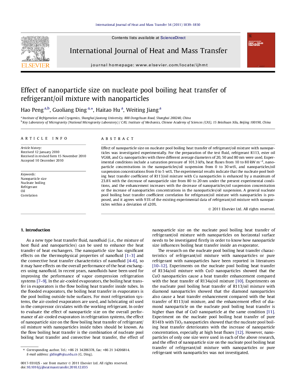 Effect of nanoparticle size on nucleate pool boiling heat transfer of refrigerant/oil mixture with nanoparticles