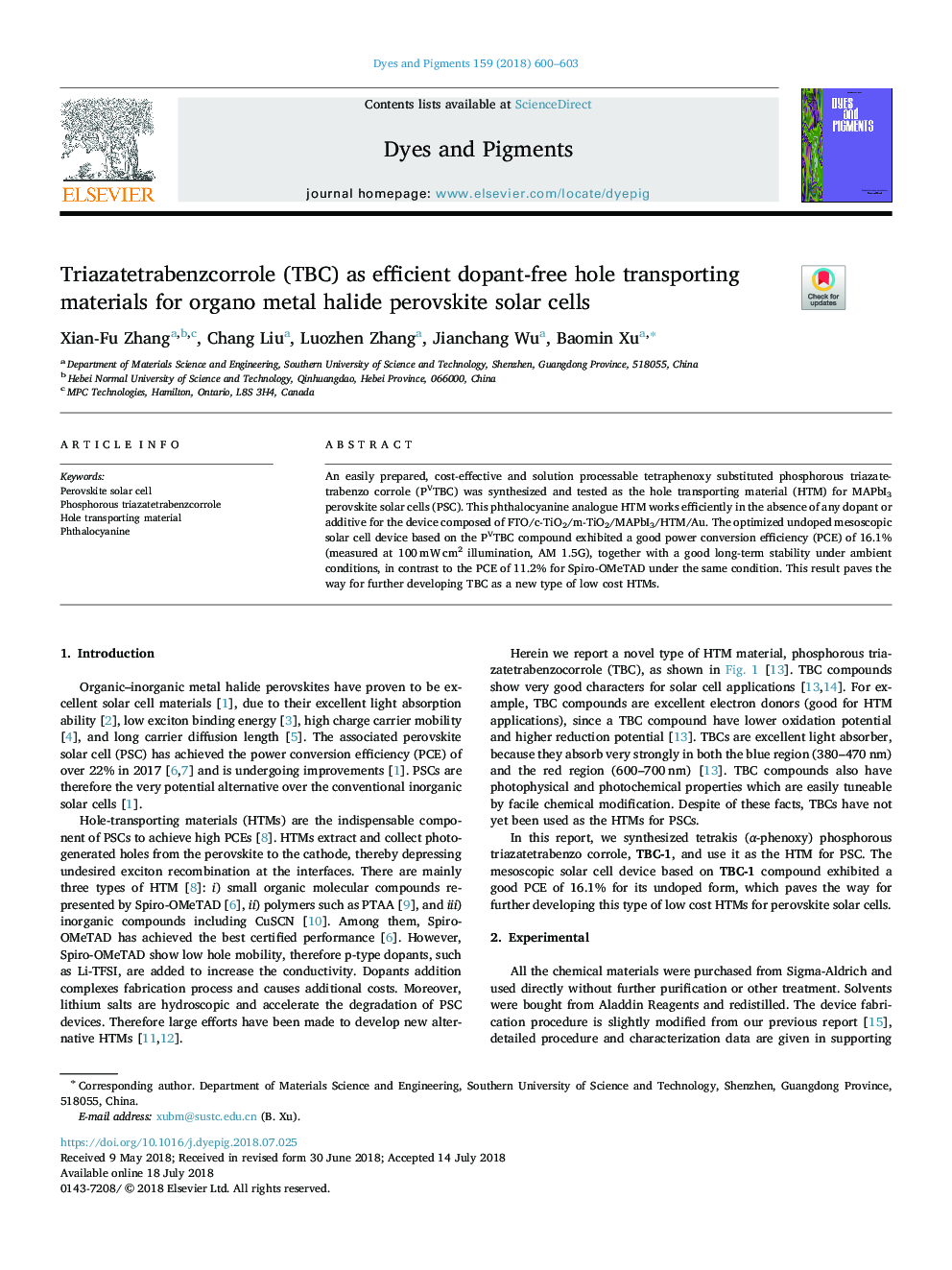 عکس صفحه اول مقاله: Triazatetrabenzcorrole (TBC) as efficient dopant-free hole transporting materials for organo metal halide perovskite solar cells Triazatetrabenzcorrole (TBC) as efficient dopant-free hole transporting materials for organo metal halide perovskite solar cells