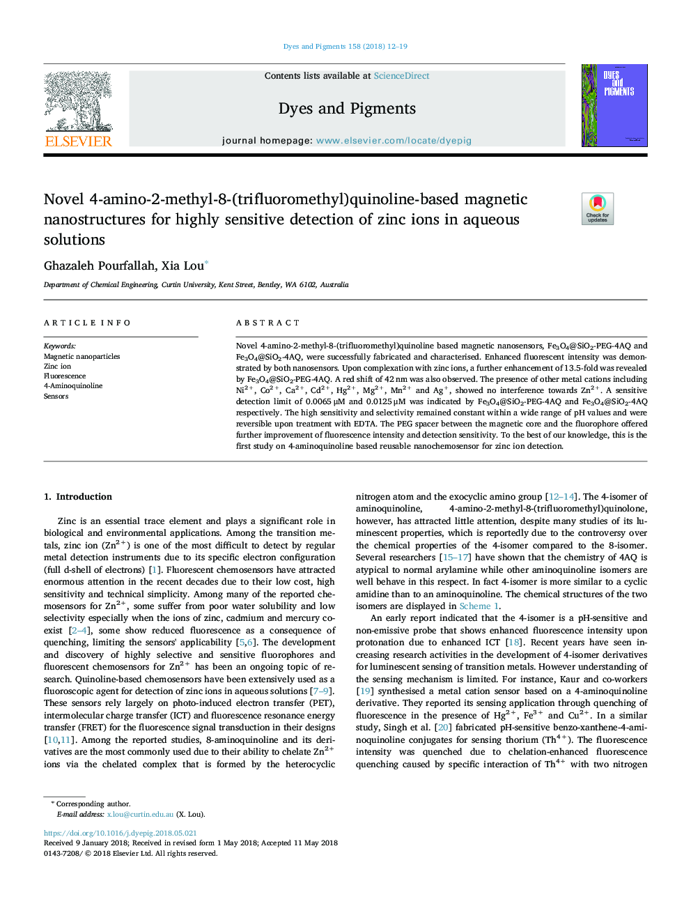 Novel 4-amino-2-methyl-8-(trifluoromethyl)quinoline-based magnetic nanostructures for highly sensitive detection of zinc ions in aqueous solutions