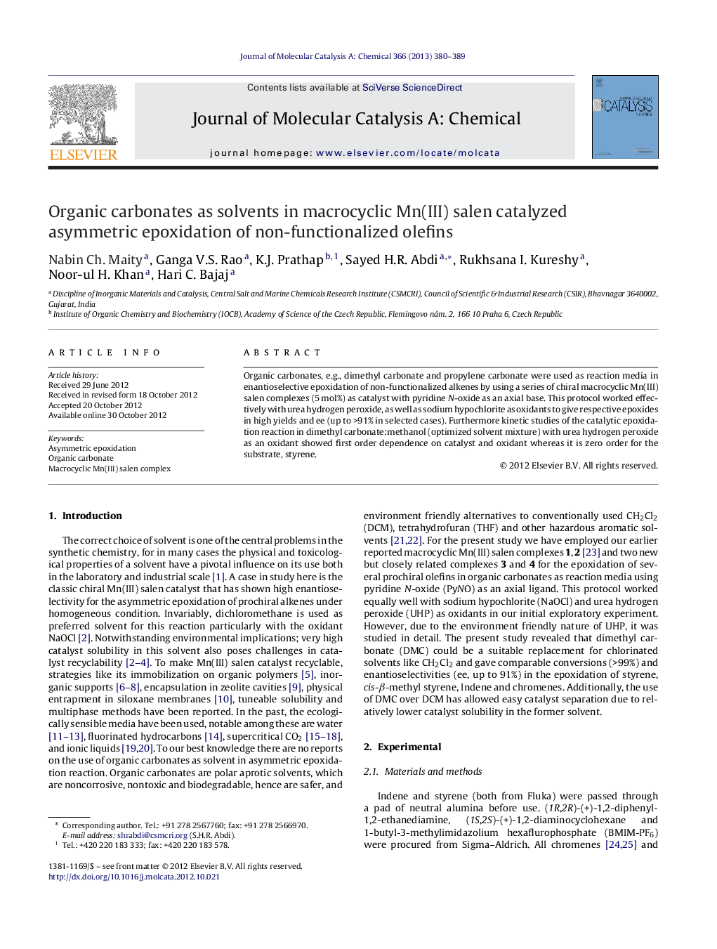 Organic carbonates as solvents in macrocyclic Mn(III) salen catalyzed asymmetric epoxidation of non-functionalized olefins