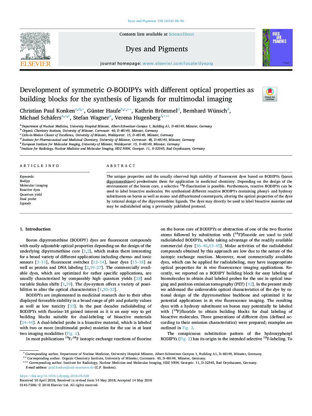 Development of symmetric O-BODIPYs with different optical properties as building blocks for the synthesis of ligands for multimodal imaging