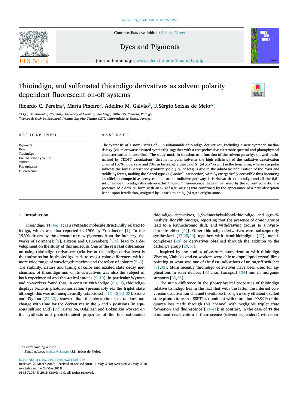 Thioindigo, and sulfonated thioindigo derivatives as solvent polarity dependent fluorescent on-off systems