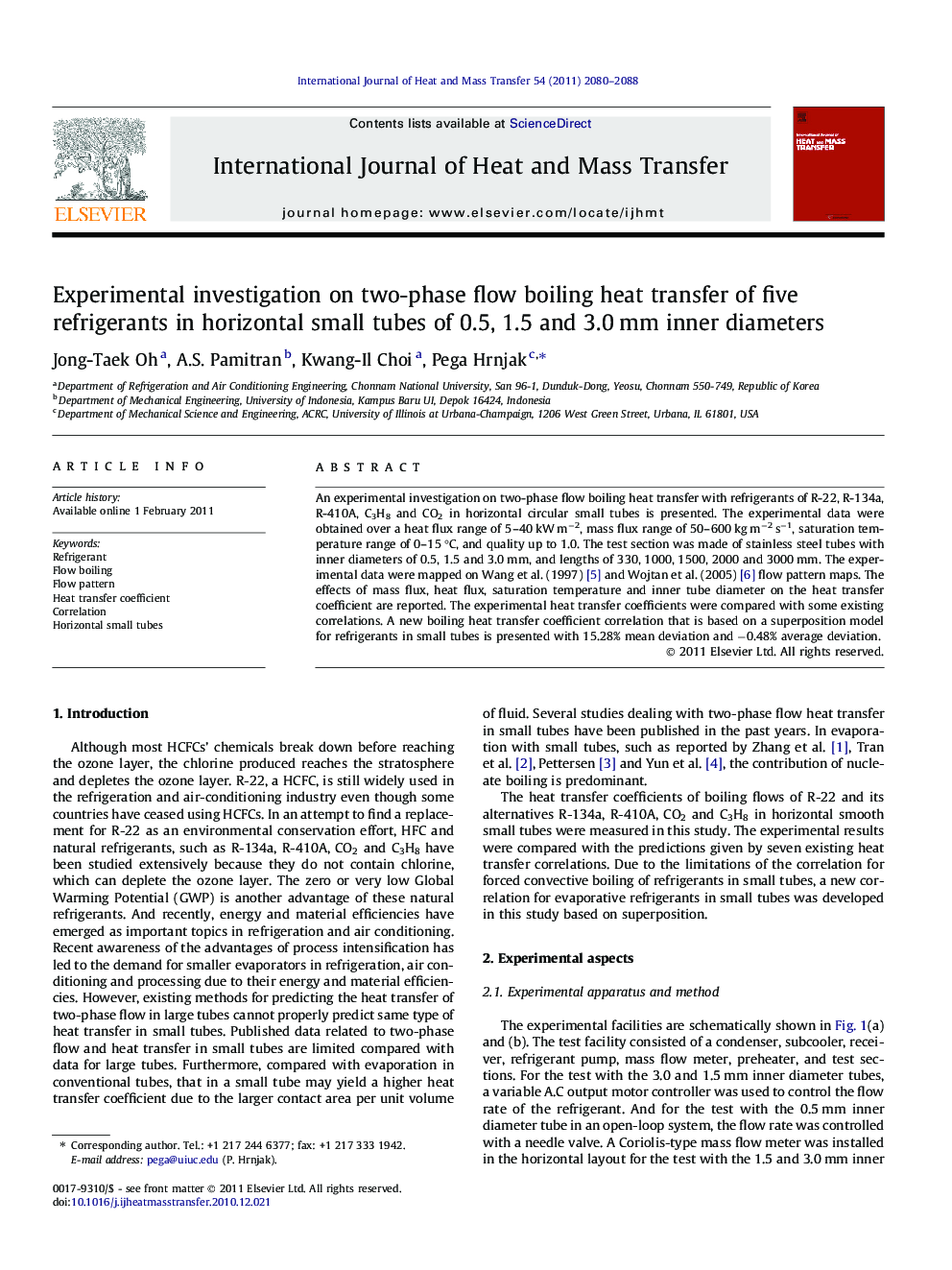 Experimental investigation on two-phase flow boiling heat transfer of five refrigerants in horizontal small tubes of 0.5, 1.5 and 3.0Â mm inner diameters