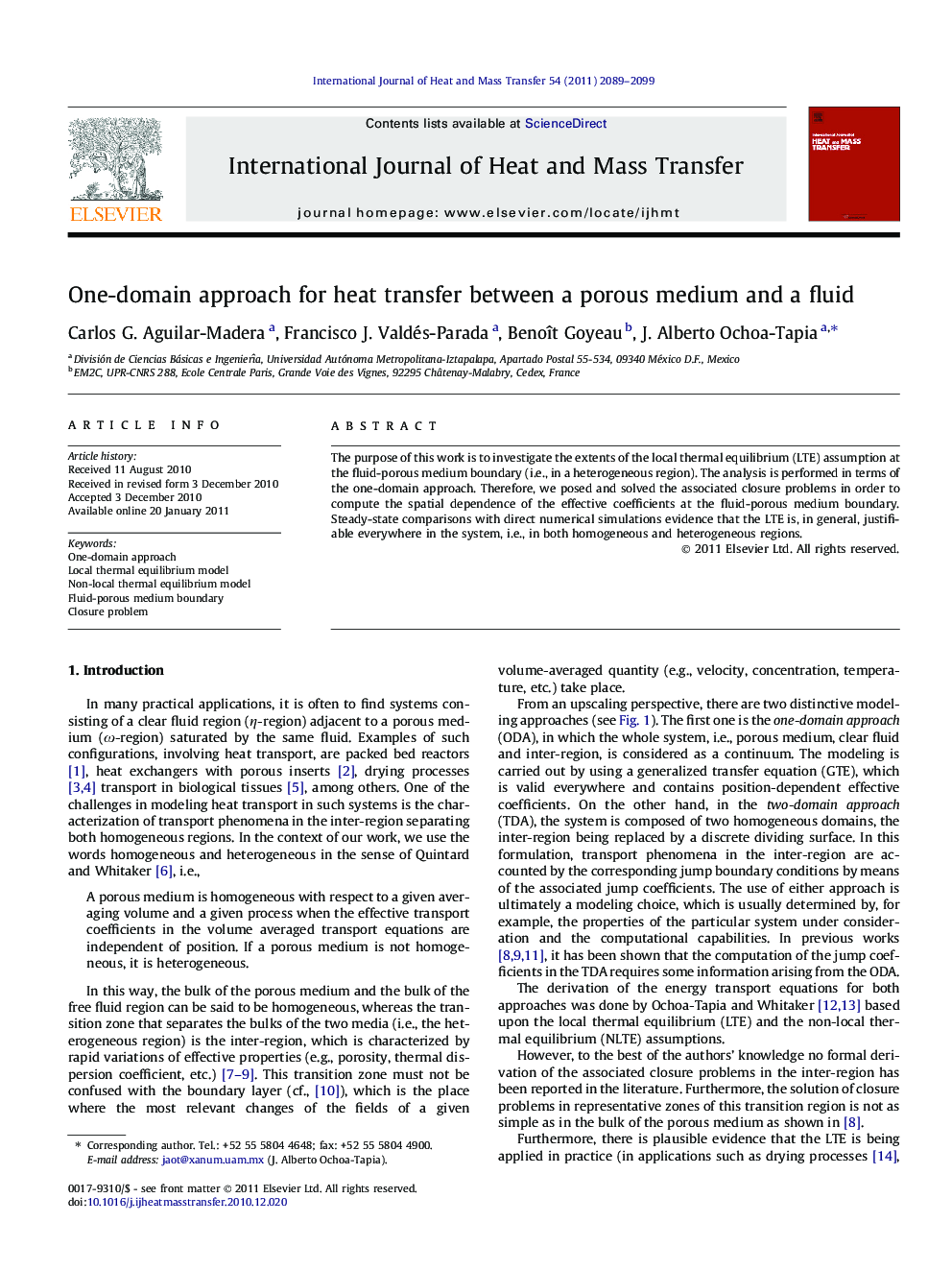 One-domain approach for heat transfer between a porous medium and a fluid