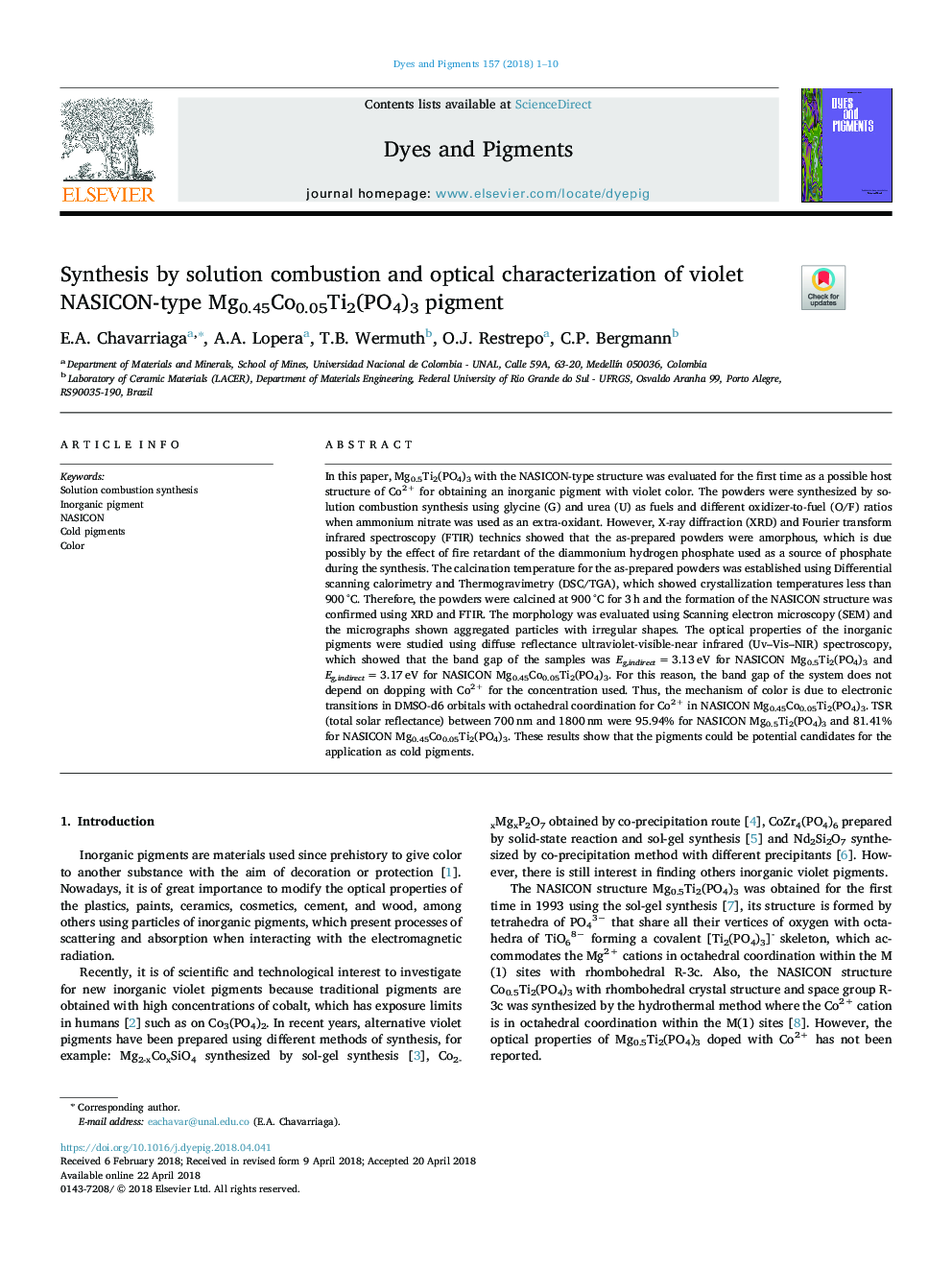 Synthesis by solution combustion and optical characterization of violet NASICON-type Mg0.45Co0.05Ti2(PO4)3 pigment