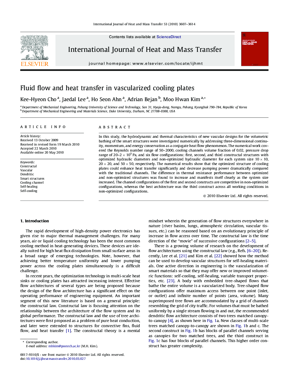 Fluid flow and heat transfer in vascularized cooling plates