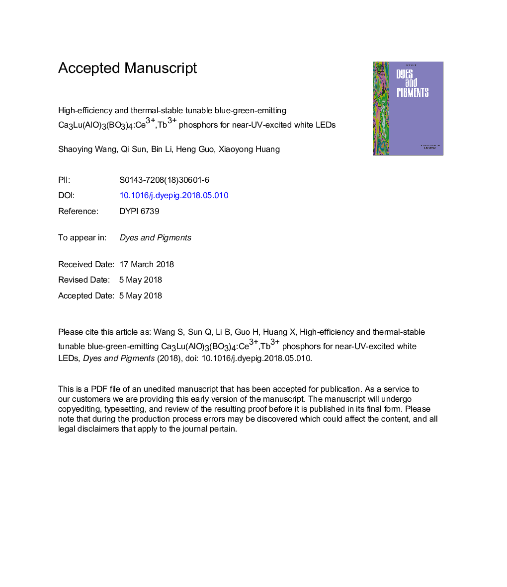 عکس صفحه اول مقاله: High-efficiency and thermal-stable tunable blue-green-emitting Ca3Lu(AlO)3(BO3)4:Ce3+,Tb3+ phosphors for near-UV-excited white LEDs High-efficiency and thermal-stable tunable blue-green-emitting Ca3Lu(AlO)3(BO3)4:Ce3+,Tb3+ phosphors for near-UV-excited white LEDs