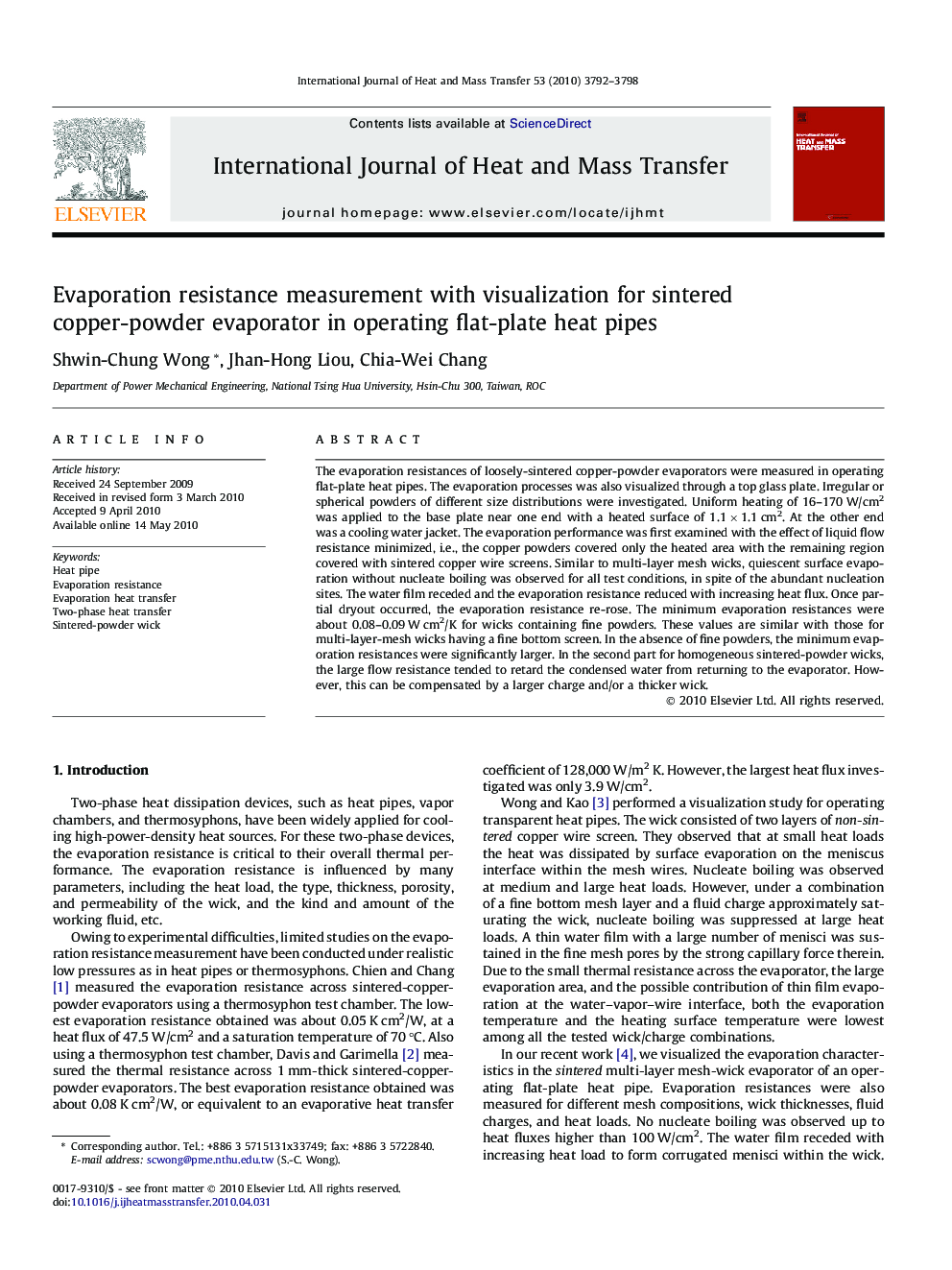 Evaporation resistance measurement with visualization for sintered copper-powder evaporator in operating flat-plate heat pipes