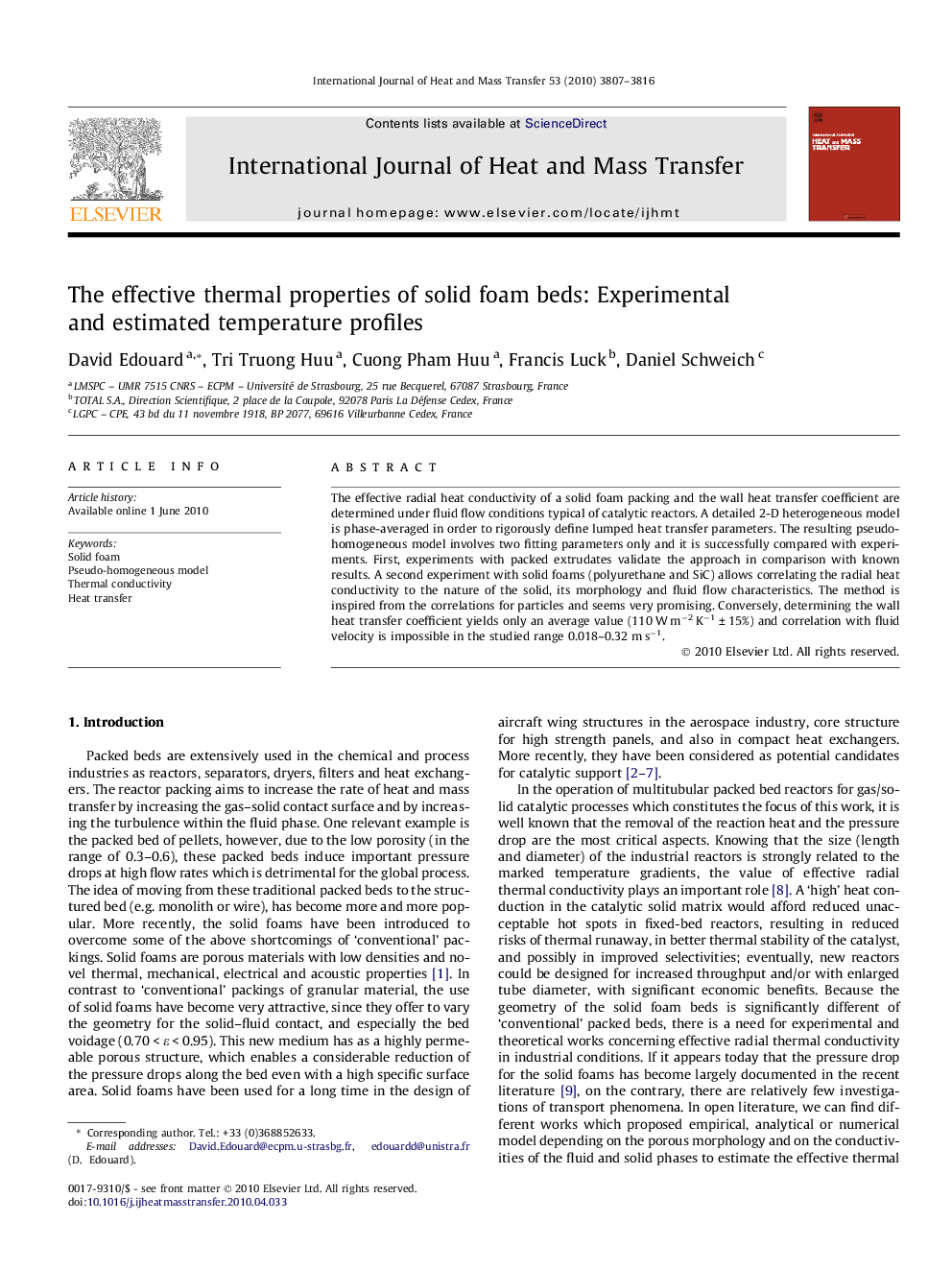 The effective thermal properties of solid foam beds: Experimental and estimated temperature profiles