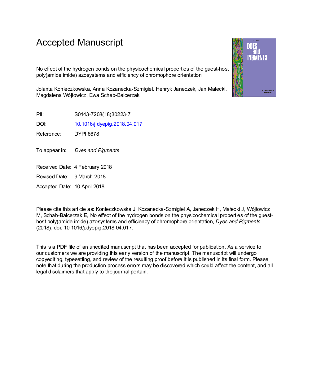 No effect of the hydrogen bonds on the physicochemical properties of the guest-host poly(amide imide) azosystems and efficiency of chromophore orientation