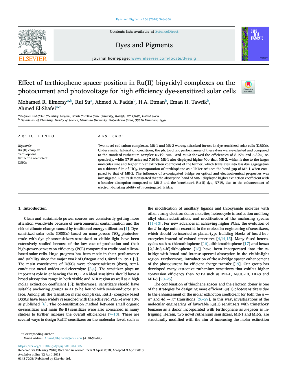 Effect of terthiophene spacer position in Ru(II) bipyridyl complexes on the photocurrent and photovoltage for high efficiency dye-sensitized solar cells