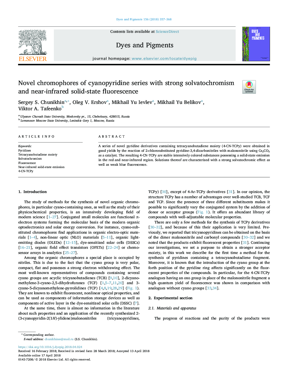 Novel chromophores of cyanopyridine series with strong solvatochromism and near-infrared solid-state fluorescence