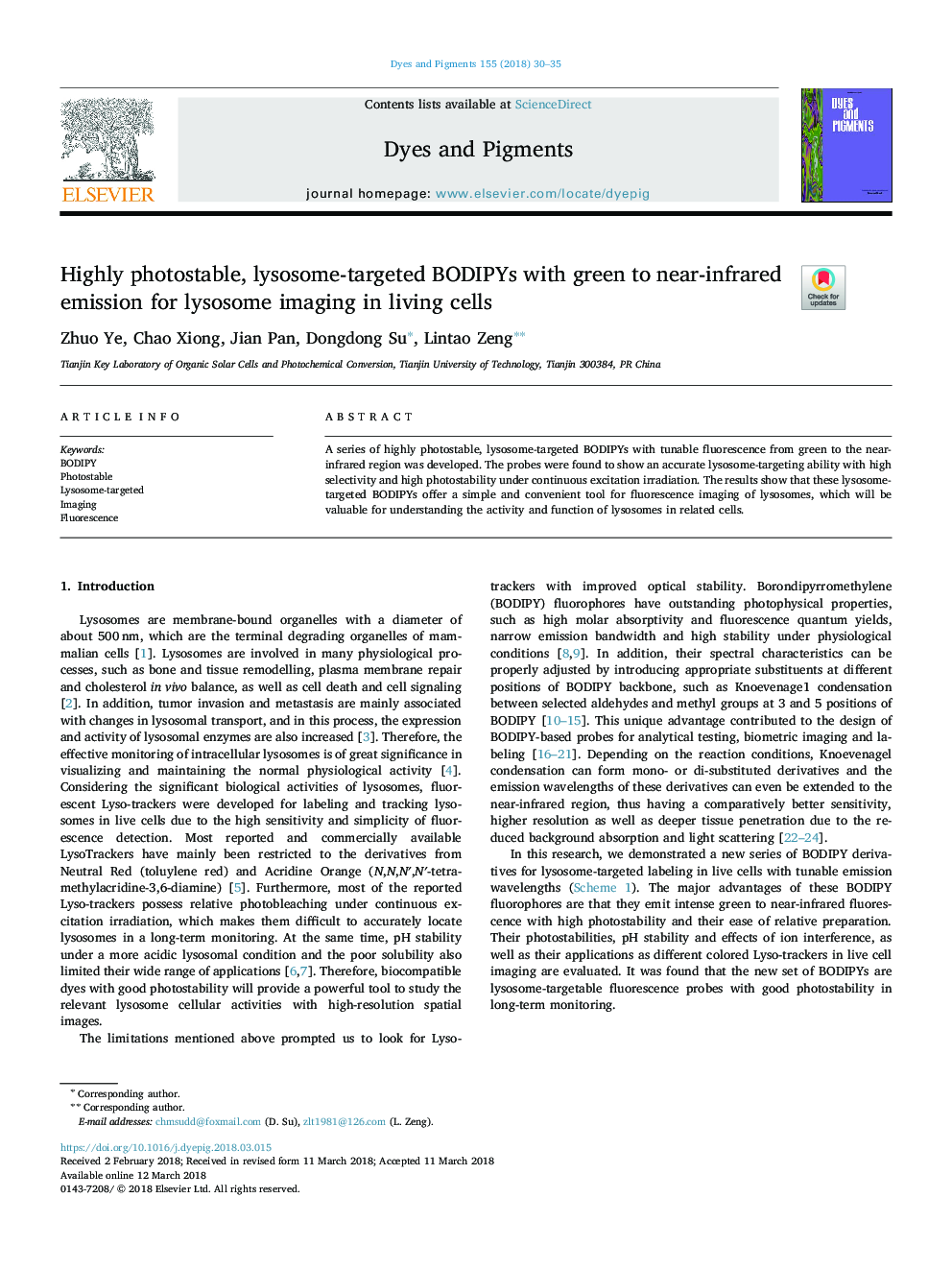 Highly photostable, lysosome-targeted BODIPYs with green to near-infrared emission for lysosome imaging in living cells