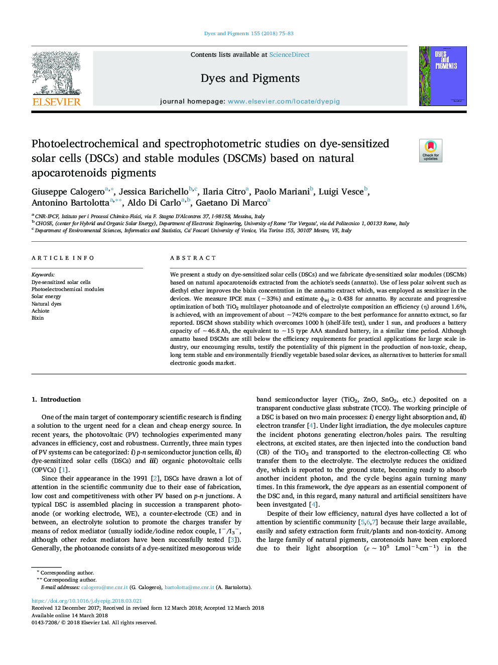 Photoelectrochemical and spectrophotometric studies on dye-sensitized solar cells (DSCs) and stable modules (DSCMs) based on natural apocarotenoids pigments