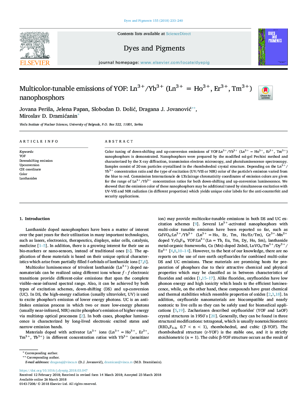 Multicolor-tunable emissions of YOF: Ln3+/Yb3+ (Ln3+ = Ho3+, Er3+, Tm3+) nanophosphors