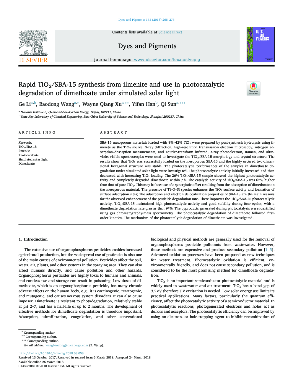 Rapid TiO2/SBA-15 synthesis from ilmenite and use in photocatalytic degradation of dimethoate under simulated solar light