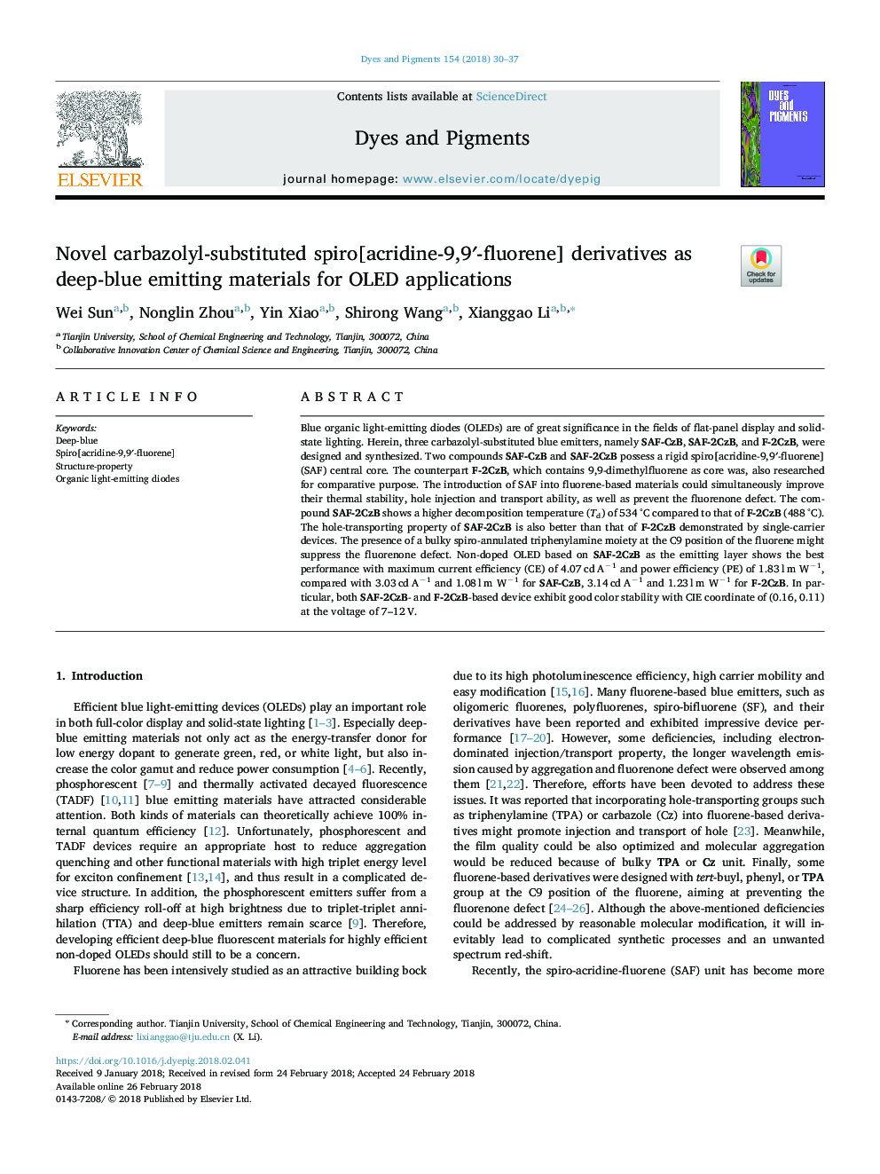 Novel carbazolyl-substituted spiro[acridine-9,9â²-fluorene] derivatives as deep-blue emitting materials for OLED applications