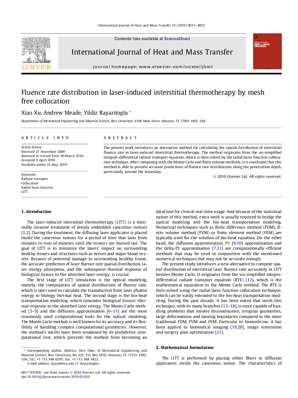 Fluence rate distribution in laser-induced interstitial thermotherapy by mesh free collocation