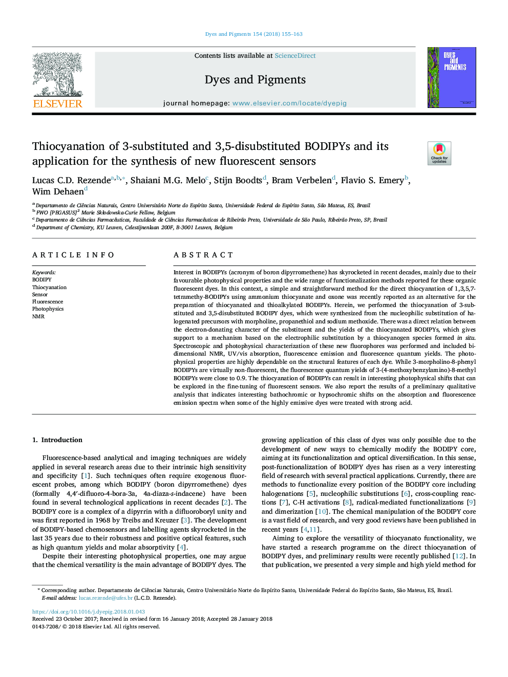 Thiocyanation of 3-substituted and 3,5-disubstituted BODIPYs and its application for the synthesis of new fluorescent sensors