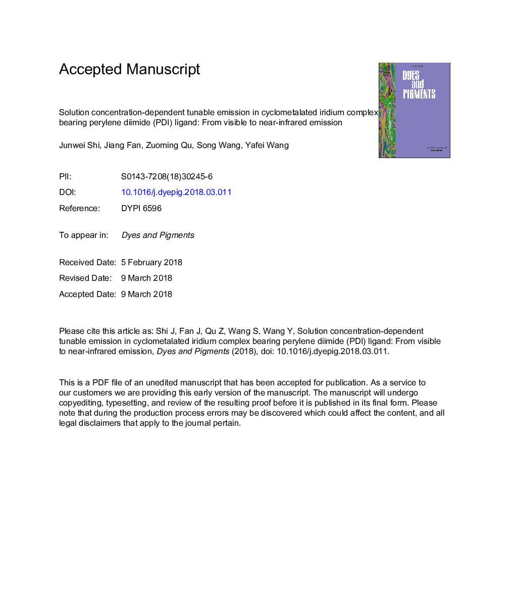 Solution concentration-dependent tunable emission in cyclometalated iridium complex bearing perylene diimide (PDI) ligand: From visible to near-infrared emission