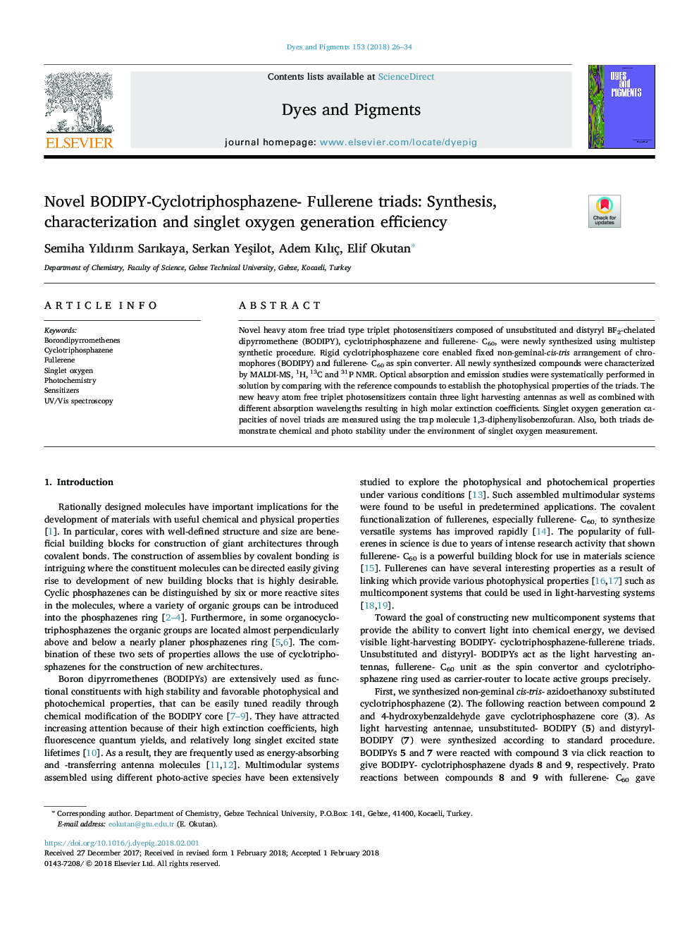 Novel BODIPY-Cyclotriphosphazene- Fullerene triads: Synthesis, characterization and singlet oxygen generation efficiency