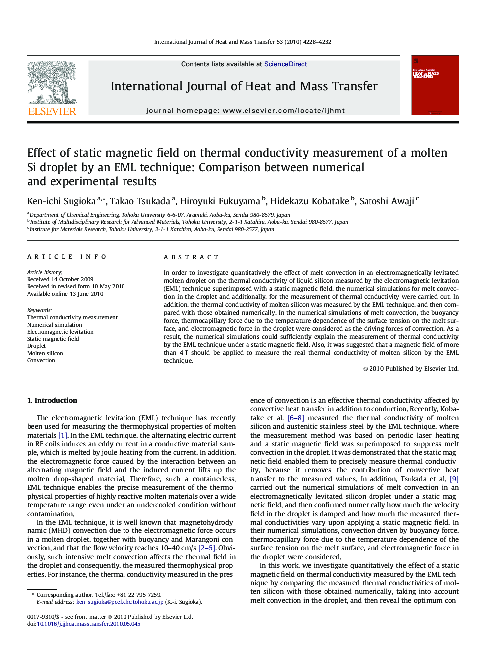 Effect of static magnetic field on thermal conductivity measurement of a molten Si droplet by an EML technique: Comparison between numerical and experimental results