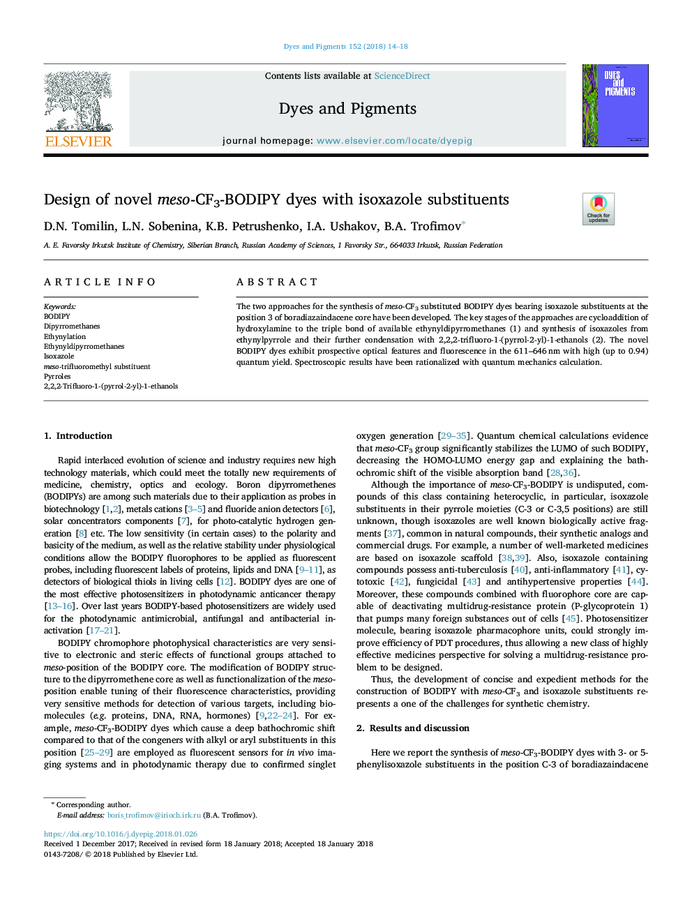 عکس صفحه اول مقاله: Design of novel meso-CF3-BODIPY dyes with isoxazole substituents Design of novel meso-CF3-BODIPY dyes with isoxazole substituents