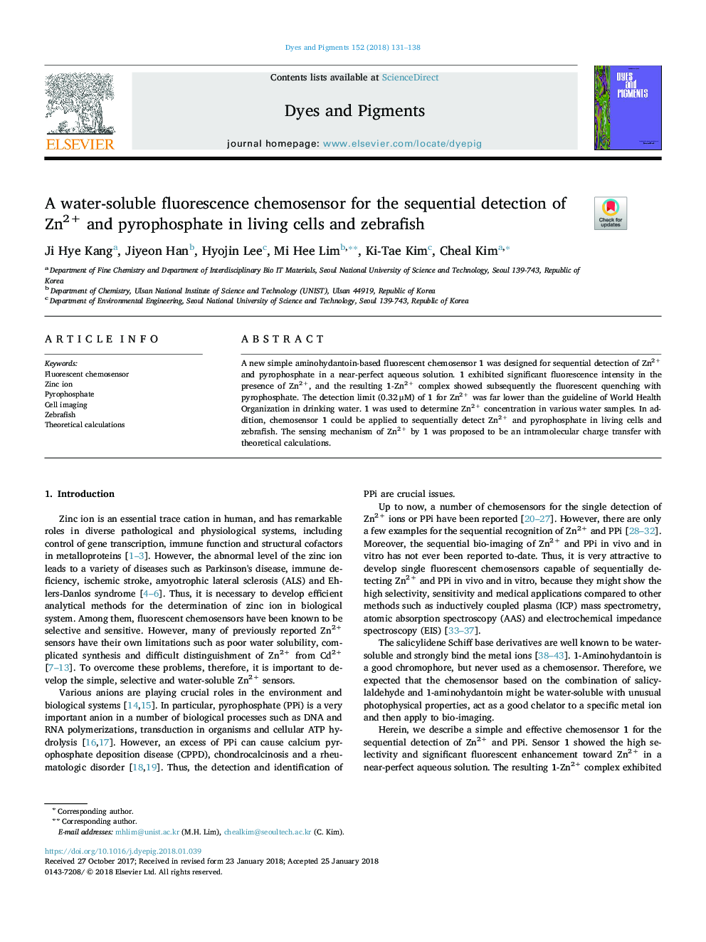 A water-soluble fluorescence chemosensor for the sequential detection of Zn2+ and pyrophosphate in living cells and zebrafish