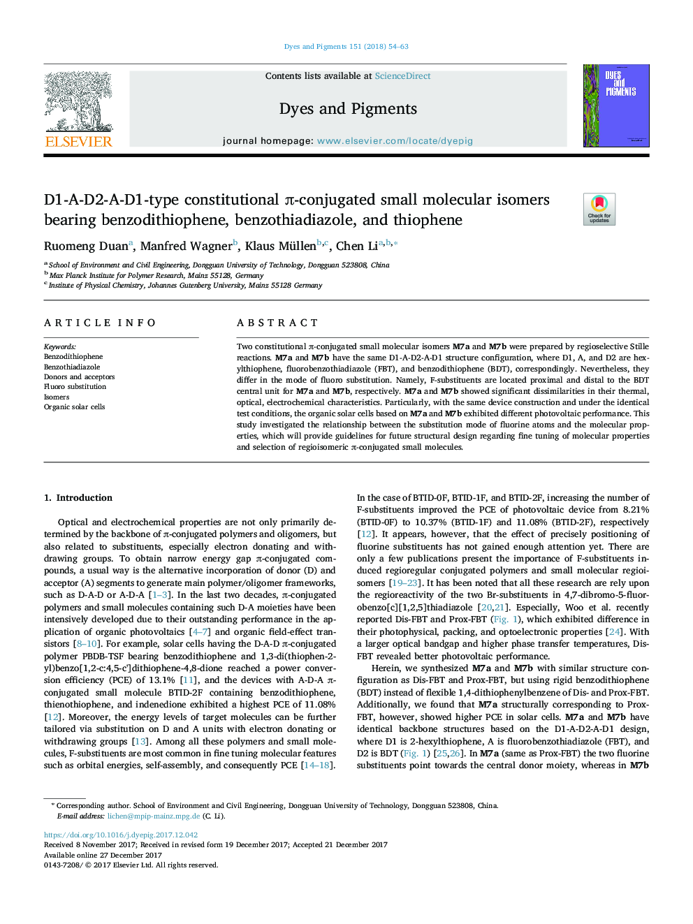 D1-A-D2-A-D1-type constitutional Ï-conjugated small molecular isomers bearing benzodithiophene, benzothiadiazole, and thiophene