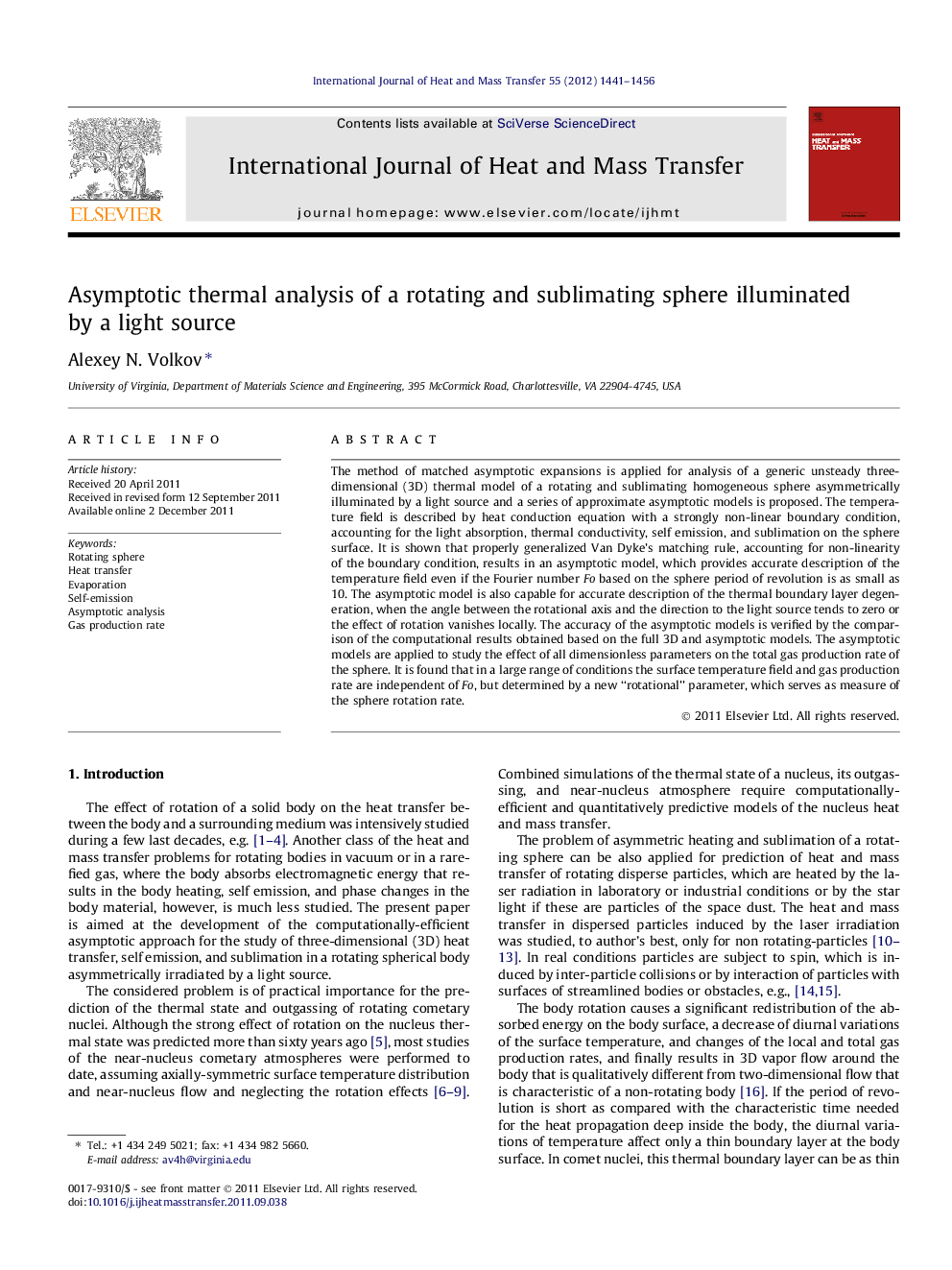 Asymptotic thermal analysis of a rotating and sublimating sphere illuminated by a light source