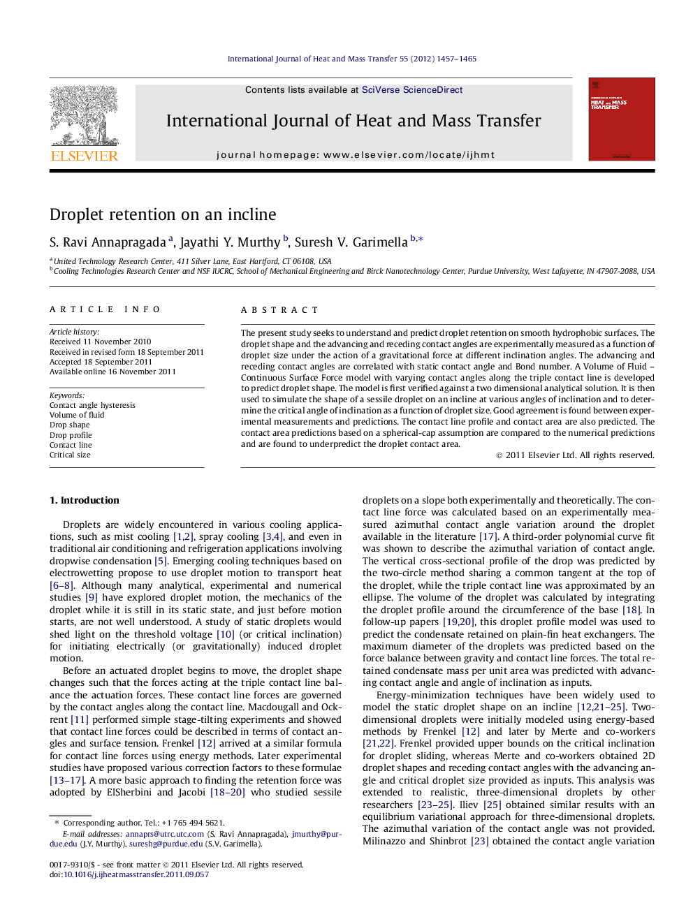 Droplet retention on an incline