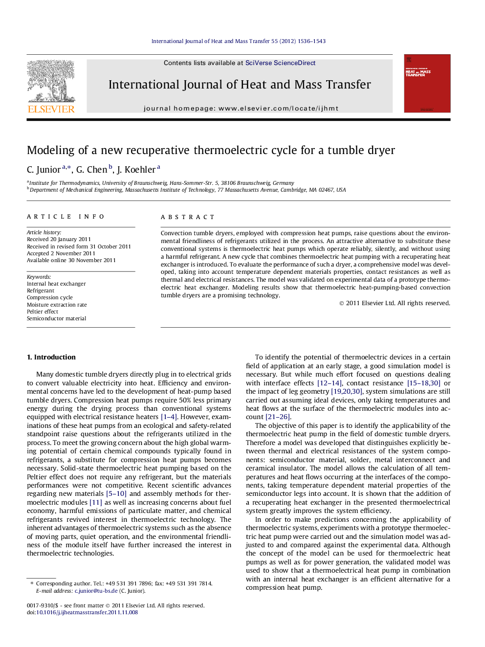 Modeling of a new recuperative thermoelectric cycle for a tumble dryer