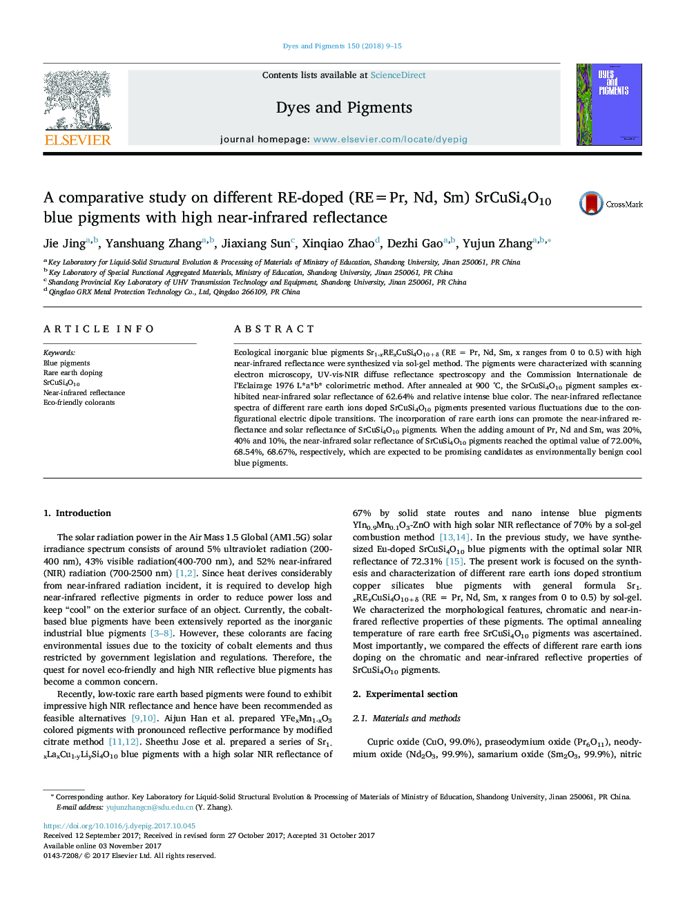 A comparative study on different RE-doped (RE=Pr, Nd, Sm) SrCuSi4O10 blue pigments with high near-infrared reflectance