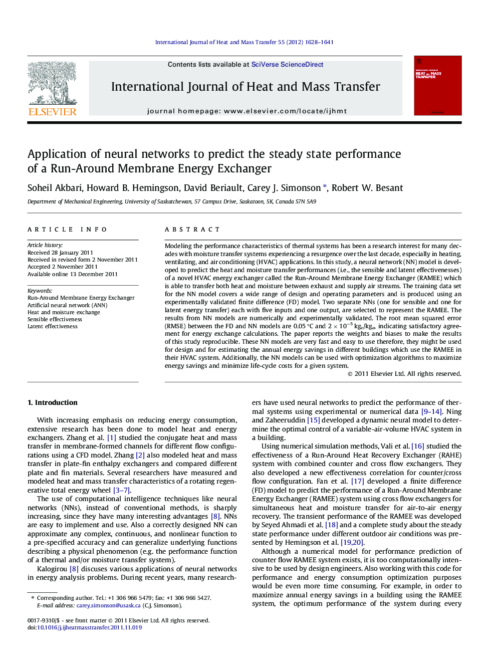 Application of neural networks to predict the steady state performance of a Run-Around Membrane Energy Exchanger
