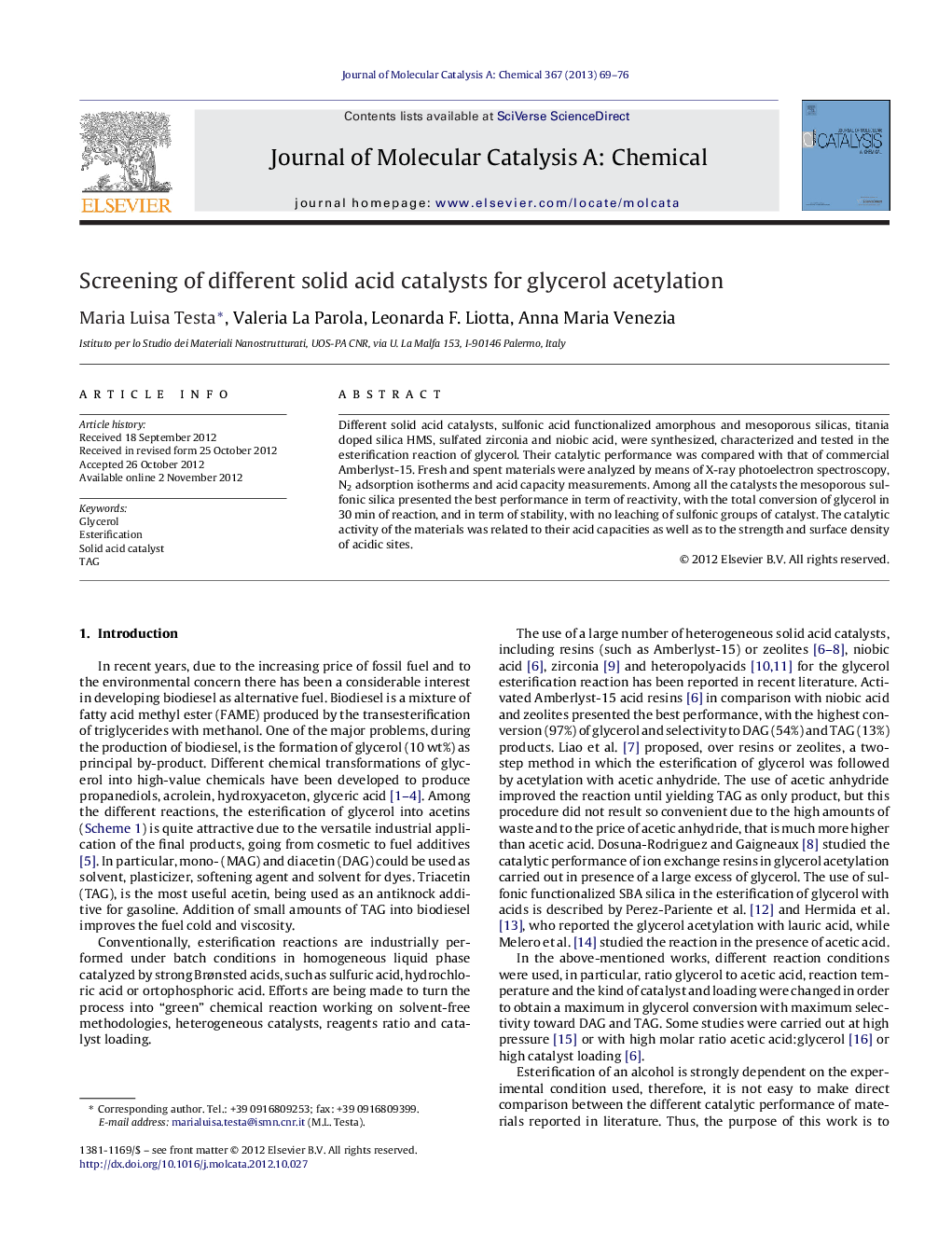 Screening of different solid acid catalysts for glycerol acetylation