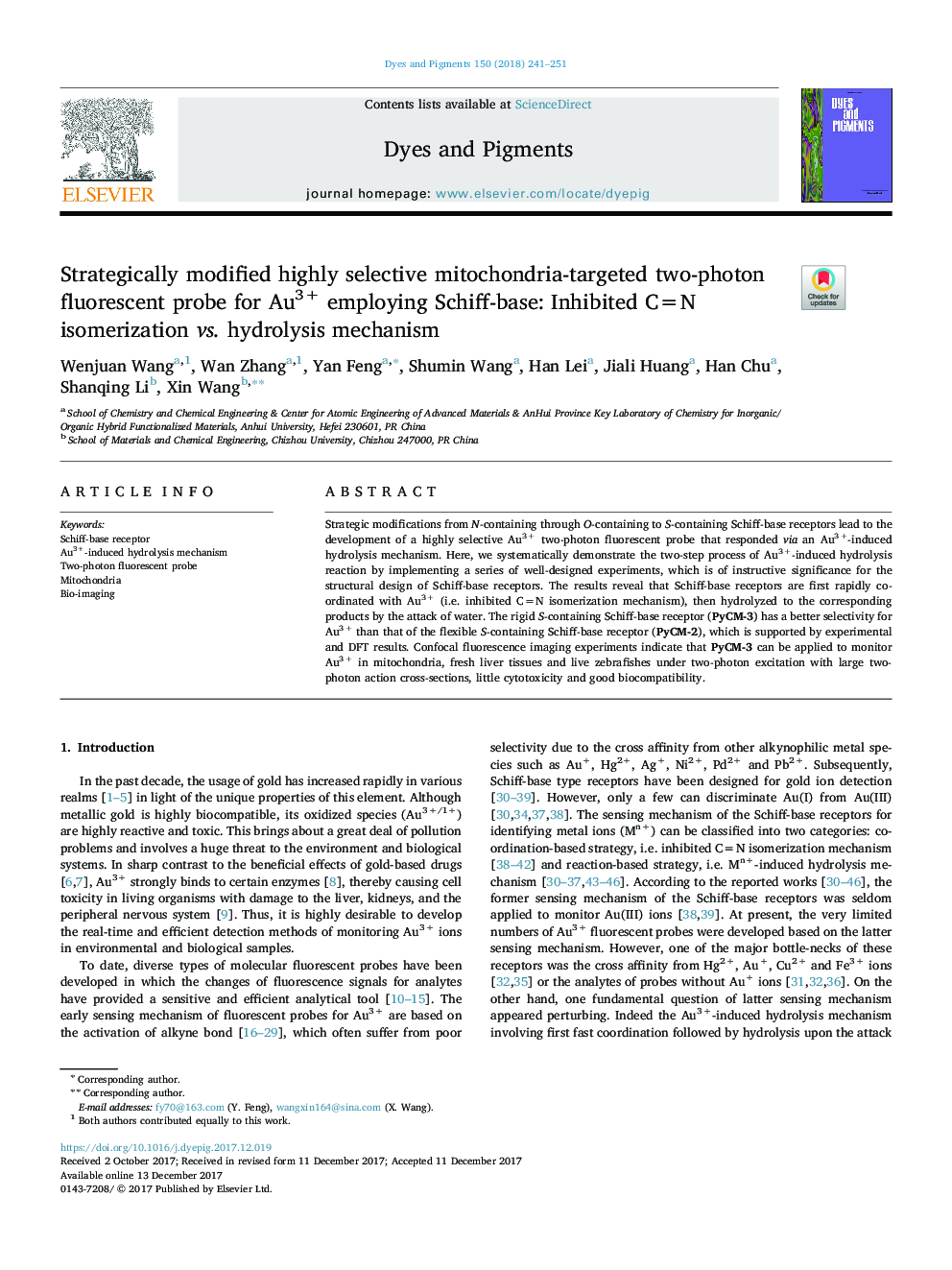 Strategically modified highly selective mitochondria-targeted two-photon fluorescent probe for Au3+ employing Schiff-base: Inhibited C=N isomerization vs. hydrolysis mechanism