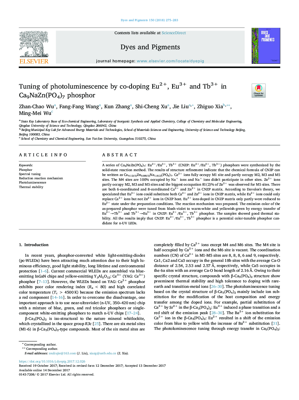 Tuning of photoluminescence by co-doping Eu2+, Eu3+ and Tb3+ in Ca9NaZn(PO4)7 phosphor