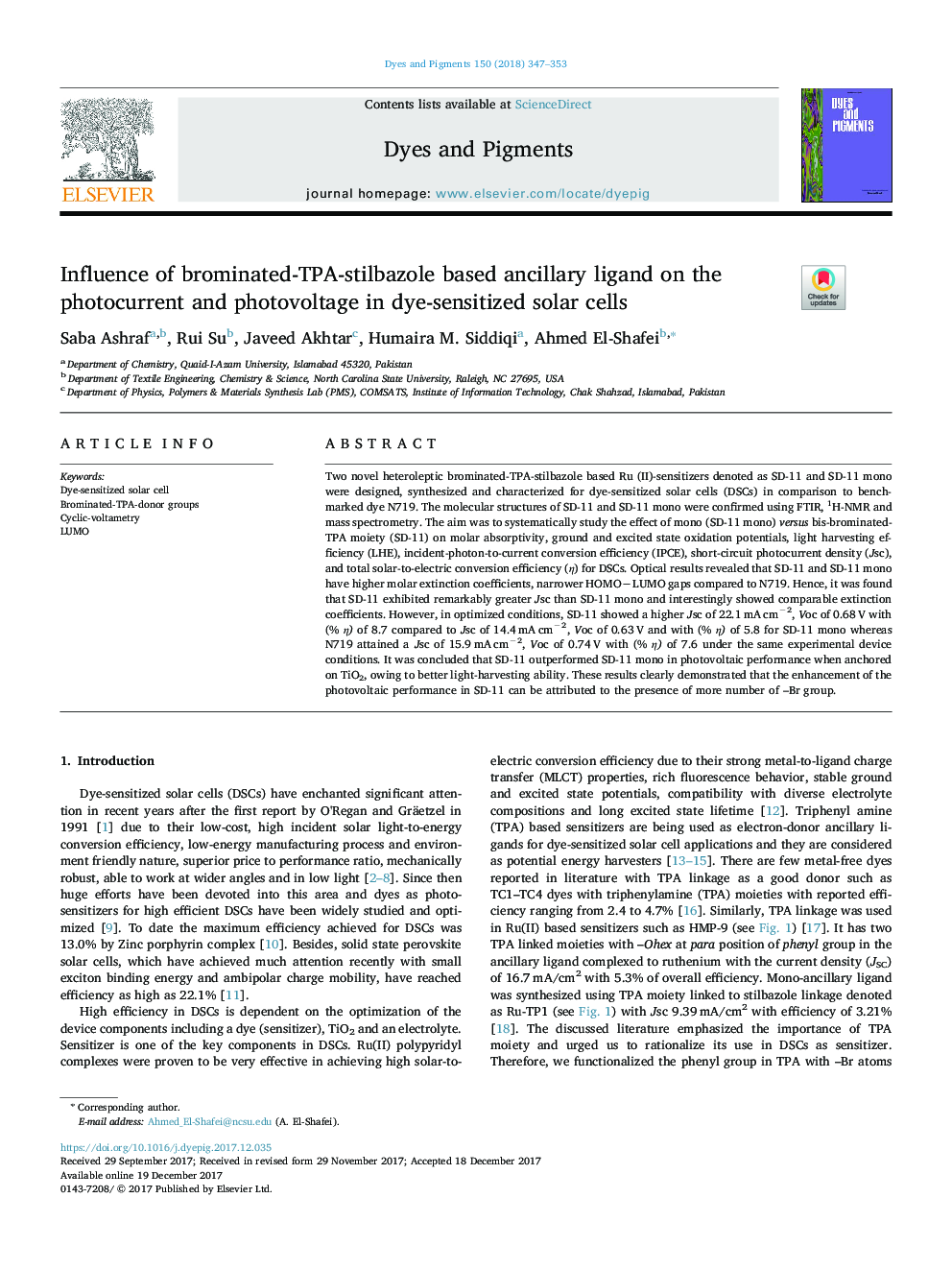 Influence of brominated-TPA-stilbazole based ancillary ligand on the photocurrent and photovoltage in dye-sensitized solar cells