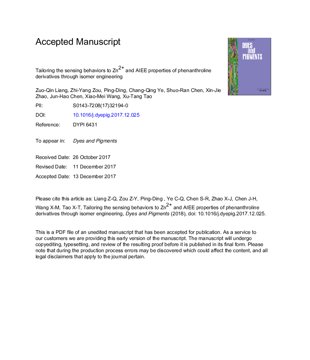 Tailoring the sensing behaviors to Zn2+ and AIEE properties of phenanthroline derivatives through isomer engineering