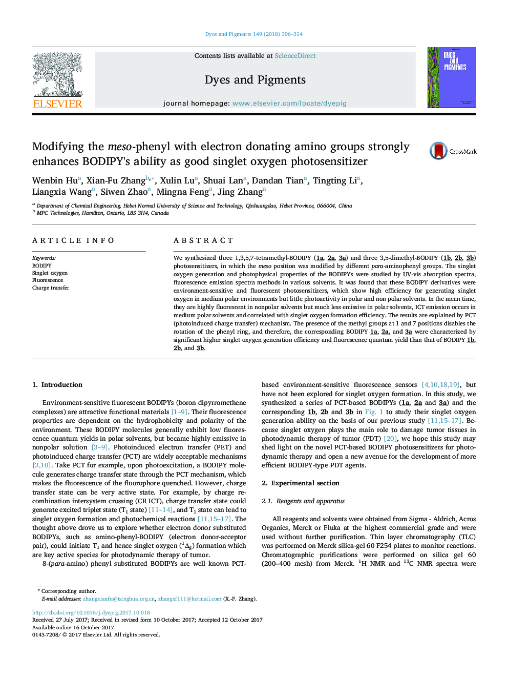 Modifying the meso-phenyl with electron donating amino groups strongly enhances BODIPY's ability as good singlet oxygen photosensitizer