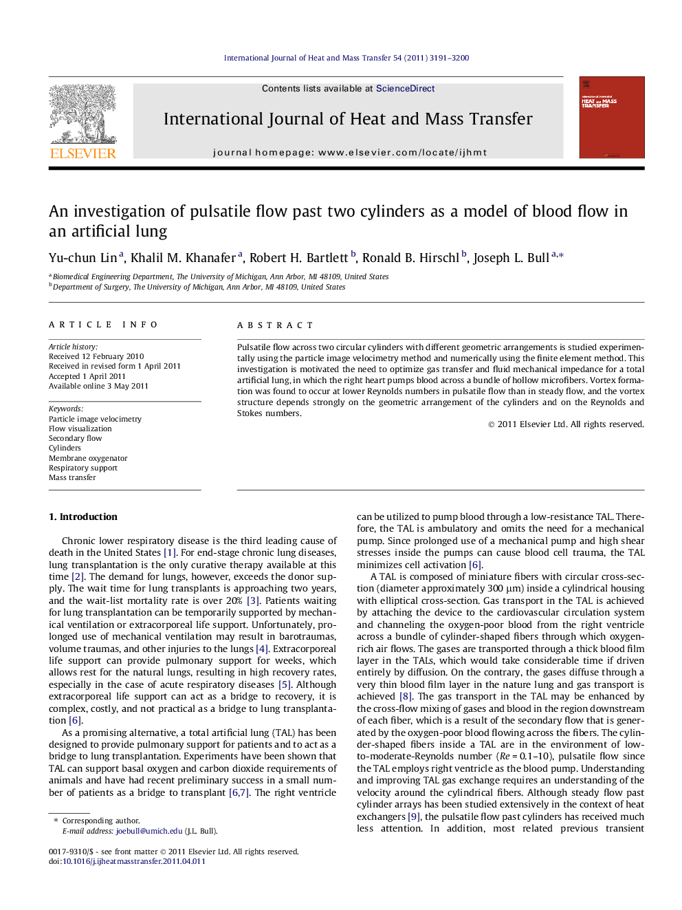 An investigation of pulsatile flow past two cylinders as a model of blood flow in an artificial lung