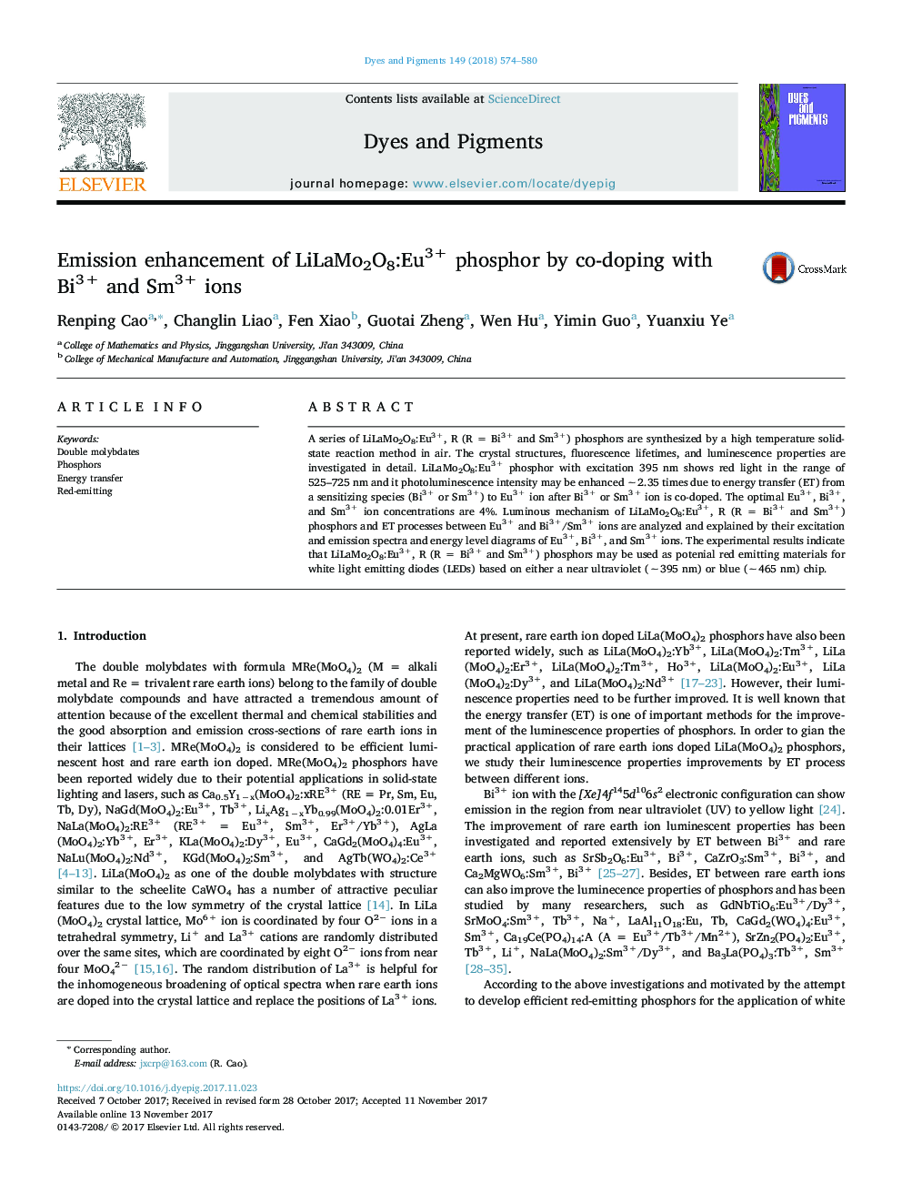 Emission enhancement of LiLaMo2O8:Eu3+ phosphor by co-doping with Bi3+ and Sm3+ ions