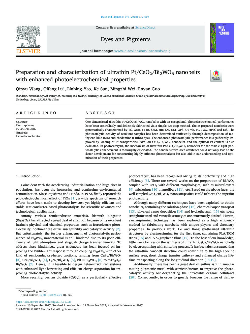 Preparation and characterization of ultrathin Pt/CeO2/Bi2WO6 nanobelts with enhanced photoelectrochemical properties