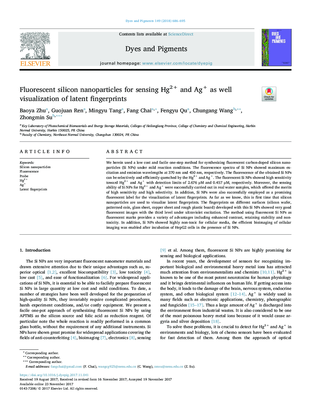 Fluorescent silicon nanoparticles for sensing Hg2+ and Ag+ as well visualization of latent fingerprints