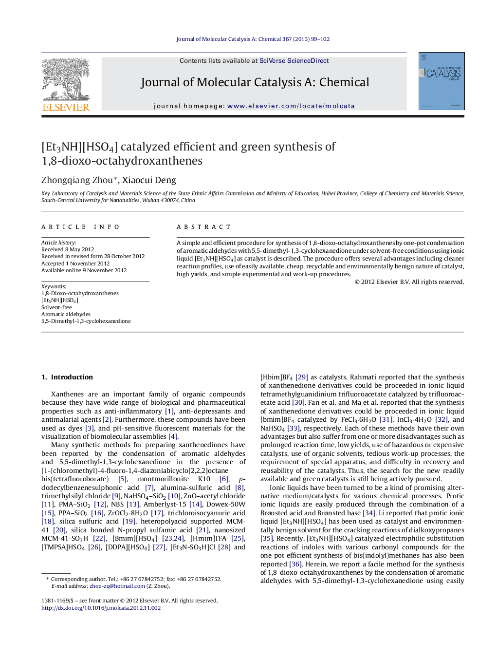 [Et3NH][HSO4] catalyzed efficient and green synthesis of 1,8-dioxo-octahydroxanthenes