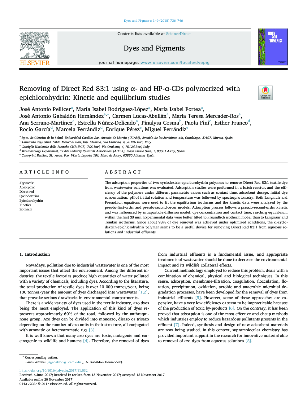 Removing of Direct Red 83:1 using Î±- and HP-Î±-CDs polymerized with epichlorohydrin: Kinetic and equilibrium studies