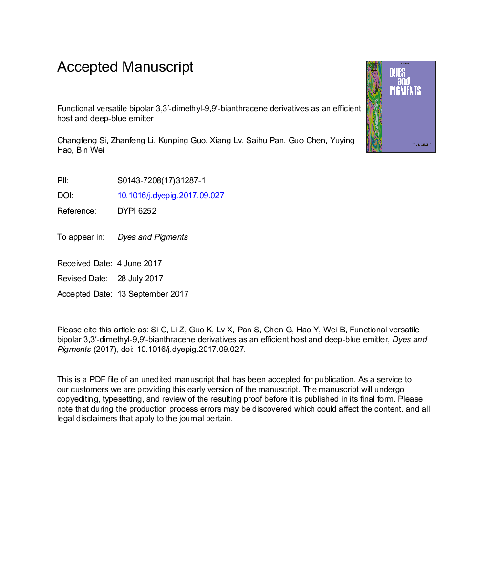 Functional versatile bipolar 3,3â²-dimethyl-9,9â²-bianthracene derivatives as an efficient host and deep-blue emitter